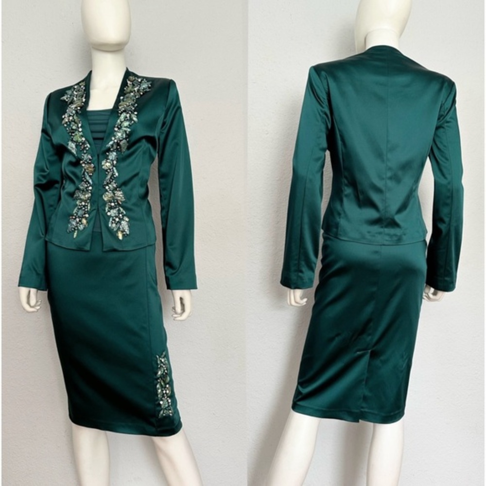 NWT Satin Skirt Suit 3Pc Set Blazer/Top/Skirt Formal Silk Outfit Rhinestone‎